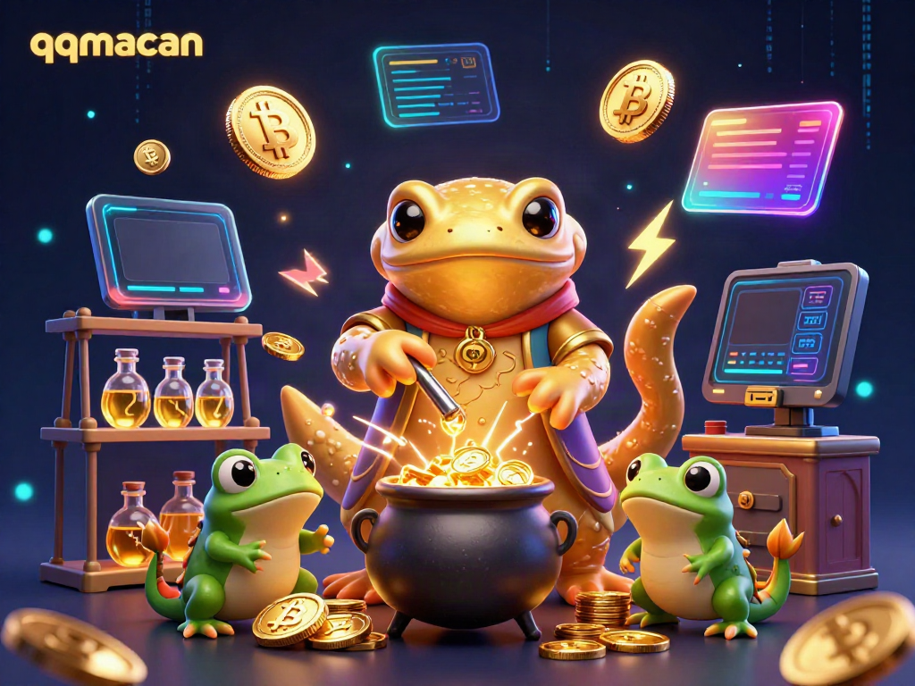 Experience exciting gameplay with qqmacan in a vibrant 3D scene filled with magical elements and cryptocurrency.