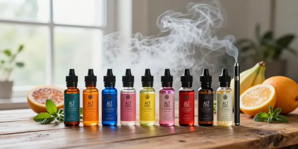 Showcasing Alt Zero E-Liquid 100mls bottles on a wooden table, surrounded by fruits and herbs.