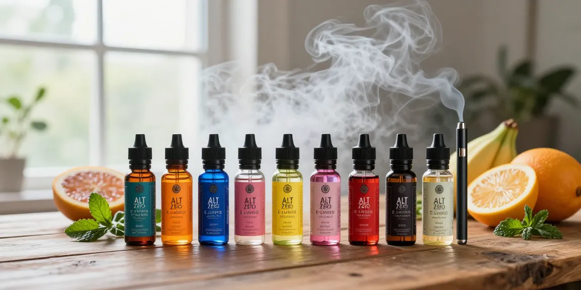 Showcasing Alt Zero E-Liquid 100mls bottles on a wooden table, surrounded by fruits and herbs.