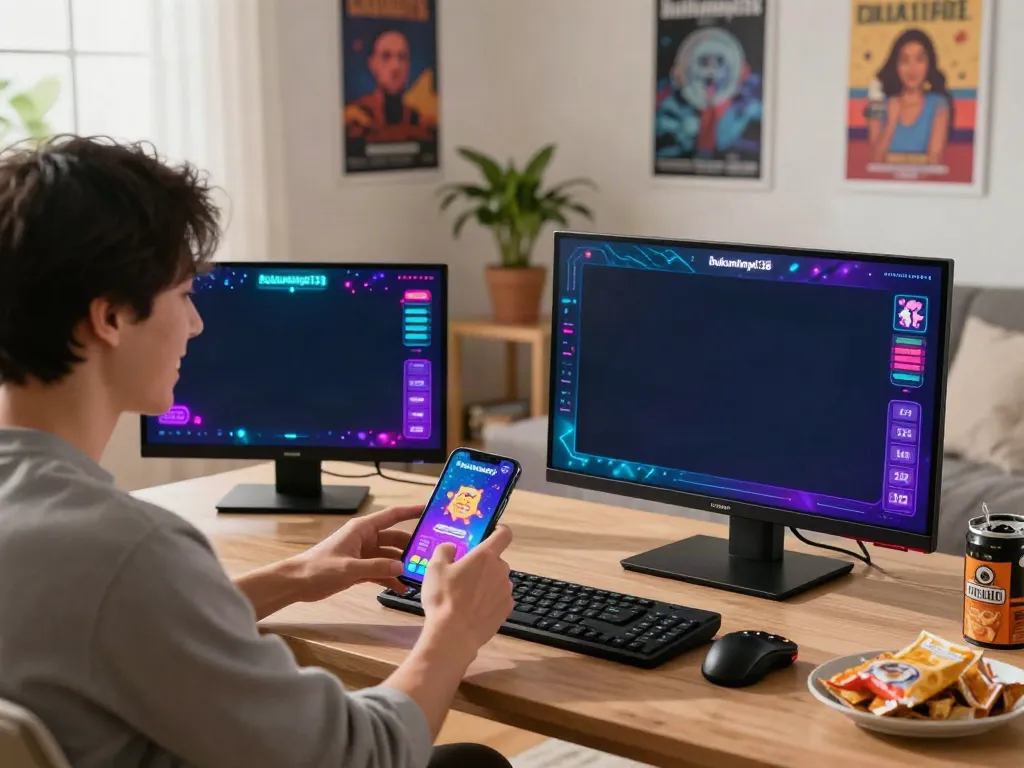 Pengguna bukumimpi138 bersemangat bermain game di smartphone, suasana nyaman dan cerah.