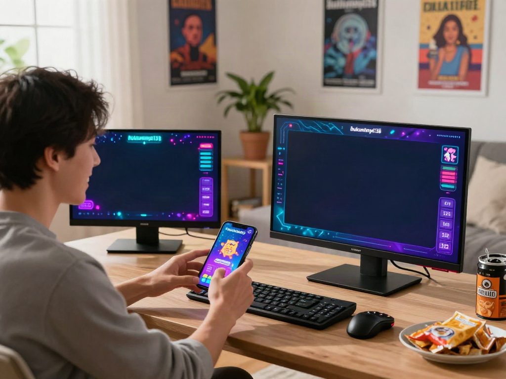 Pengguna bukumimpi138 bersemangat bermain game di smartphone, suasana nyaman dan cerah.