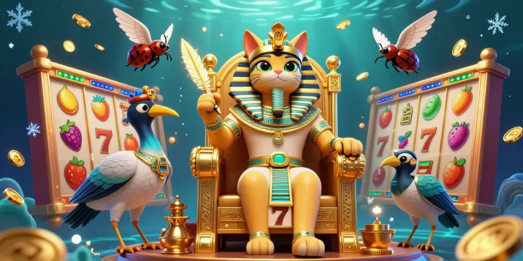 surga777 slots adventure with Egyptian characters, golden coins, and vibrant game elements