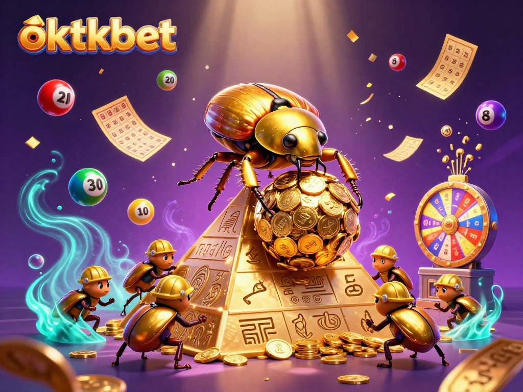 Engage in exciting gaming at oktkbet with a dynamic illustration of a golden beetle journeying up a coin pyramid.