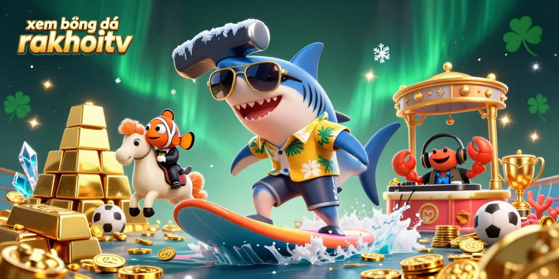 Xem bóng đá rakhoitv with a unique sports-themed 3D illustration featuring a shark, clownfish, and DJ crab surrounded by gold and sports elements.