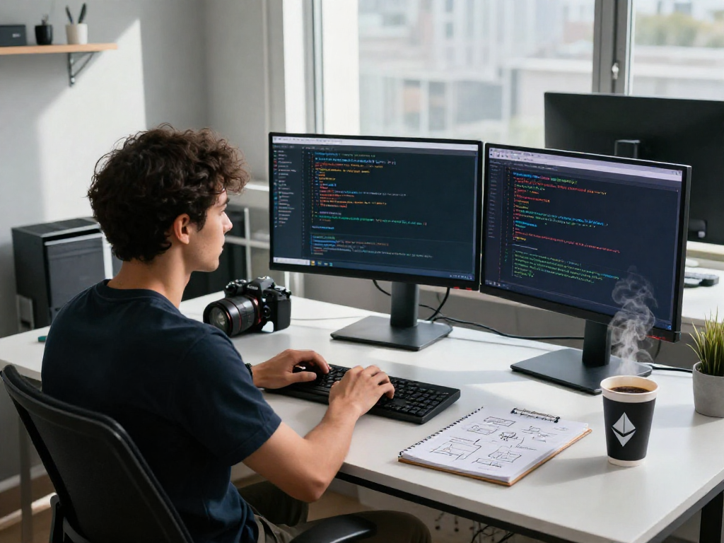 TornadoCash transactions analyzed by blockchain developer at a modern tech workspace with monitors displaying crypto code.