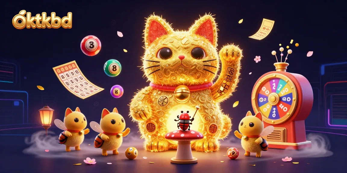 Experience the excitement of oktkbd with this vibrant casino-themed illustration showcasing a lucky cat and dynamic game elements.