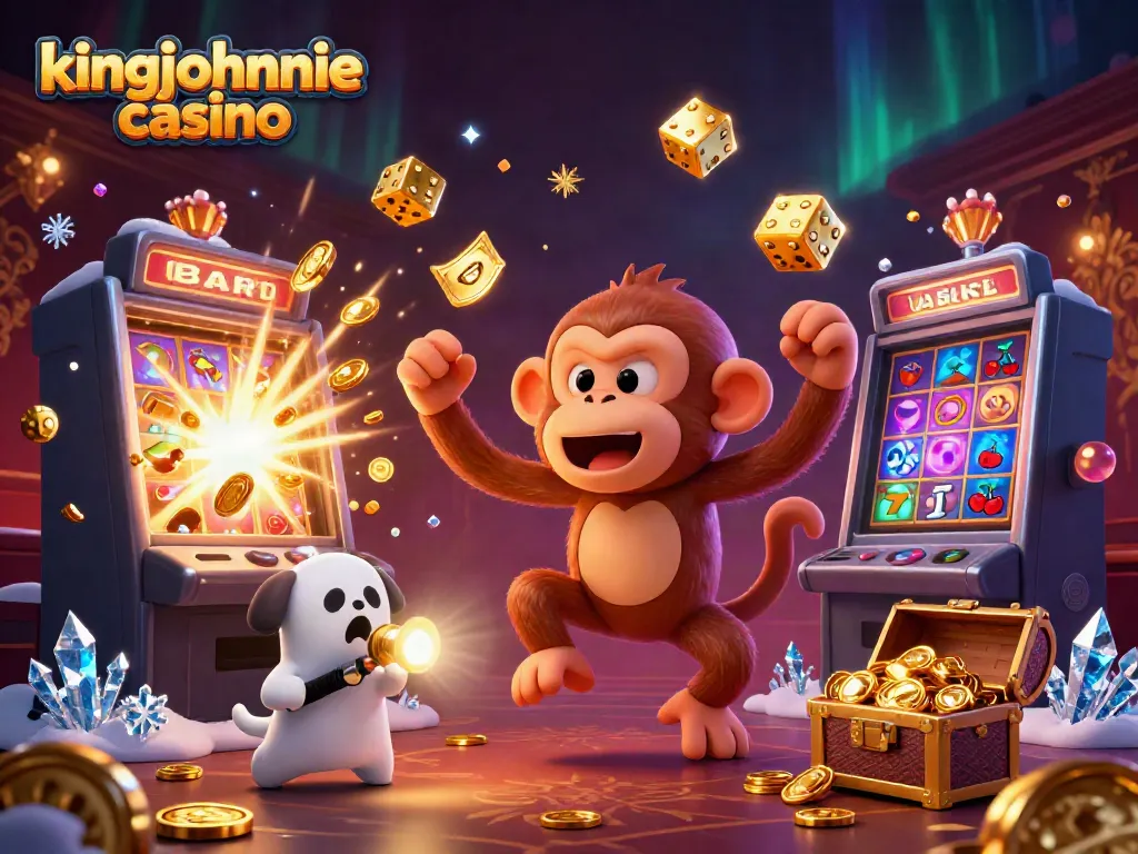 Exciting scene of kingjohnnie casino where a mischievous poltergeist monkey juggles gold while a ghost-hunter puppy tracks it.