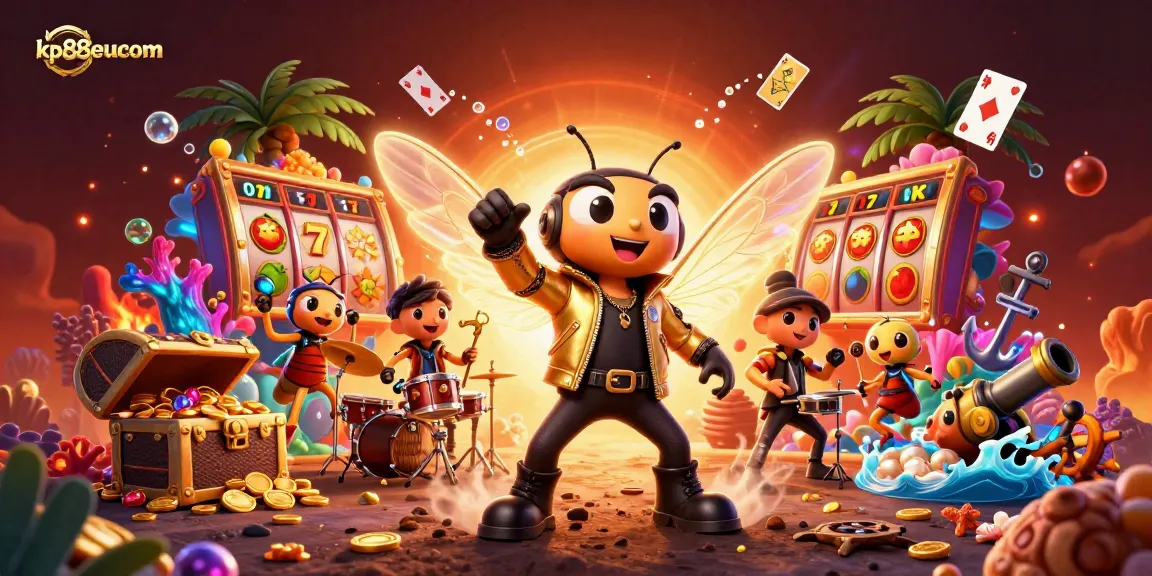Engage with kp88eucom in an electric casino scene featuring vibrant slot symbols and lively characters!