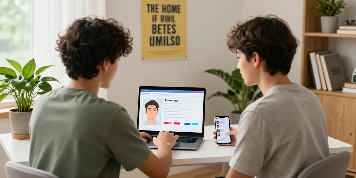 Youthfully engaged in an attractive test online, showcasing a home office setup.