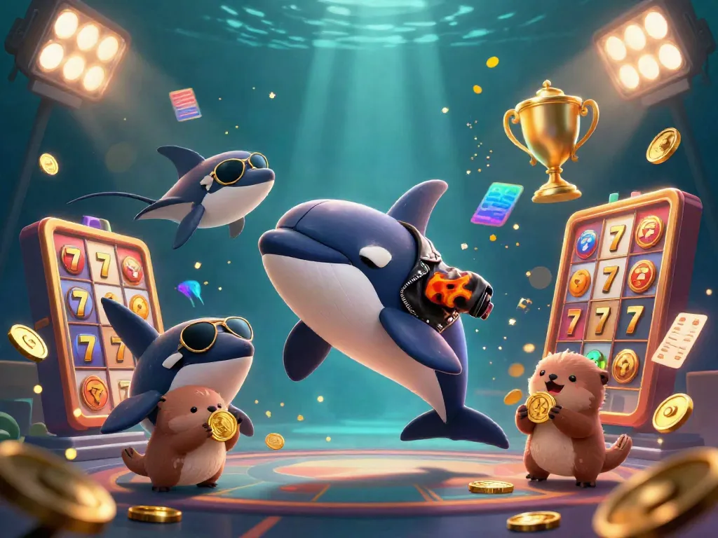 Experience exhilarating mahjong action with vibrant casino elements featuring a jumping orca and playful otters.
