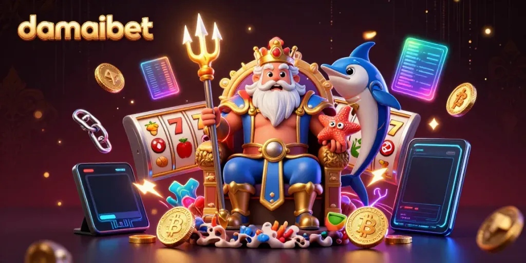 Engage with damaibet's vibrant casino atmosphere featuring Neptune and digital gaming elements.