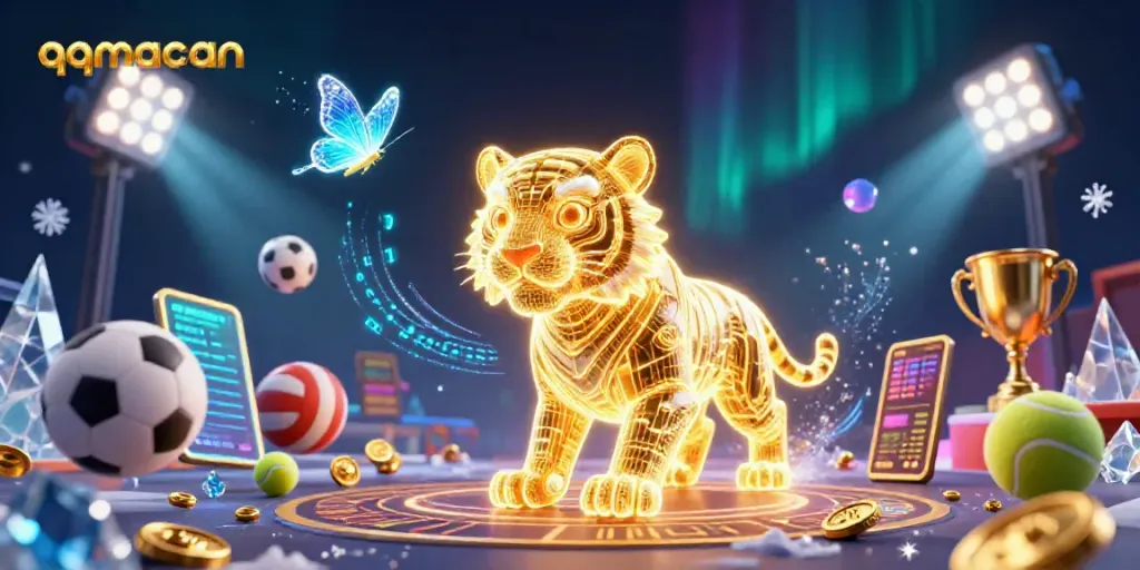 Experience thrilling gameplay with qqmacan in a vibrant, dynamic 3D casino illustration featuring sports elements.