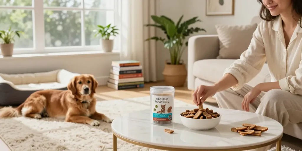 Calming Dog Treats being prepared in a serene living room with a relaxed dog, highlighting natural health benefits.