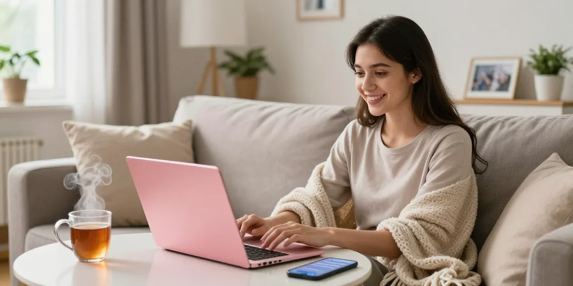 Engaging pink video chat scene showing a young woman in cozy living room connecting with a real person.